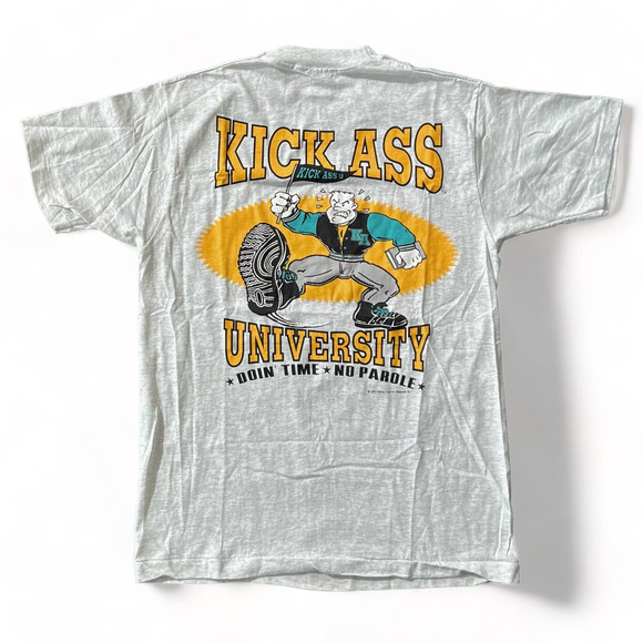 Fruit of the Loom Other - Vtg Deadstock Kick Ass University 90s Gray Cartoon Shirt M College Single Stitch